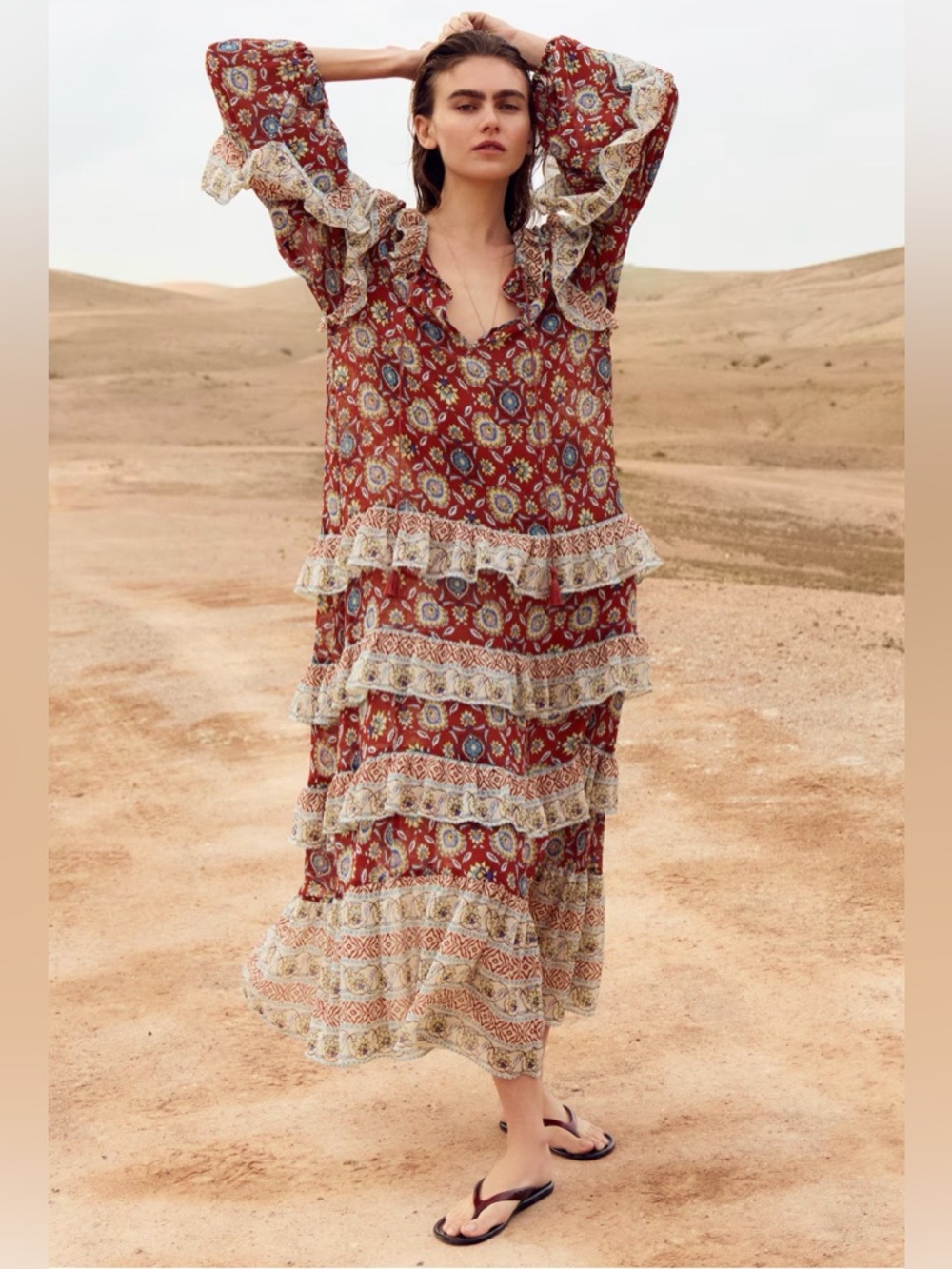 BNWT H&M Long Loose Flounced Tunic Dress 1333517001 Brown/Floral Size XL